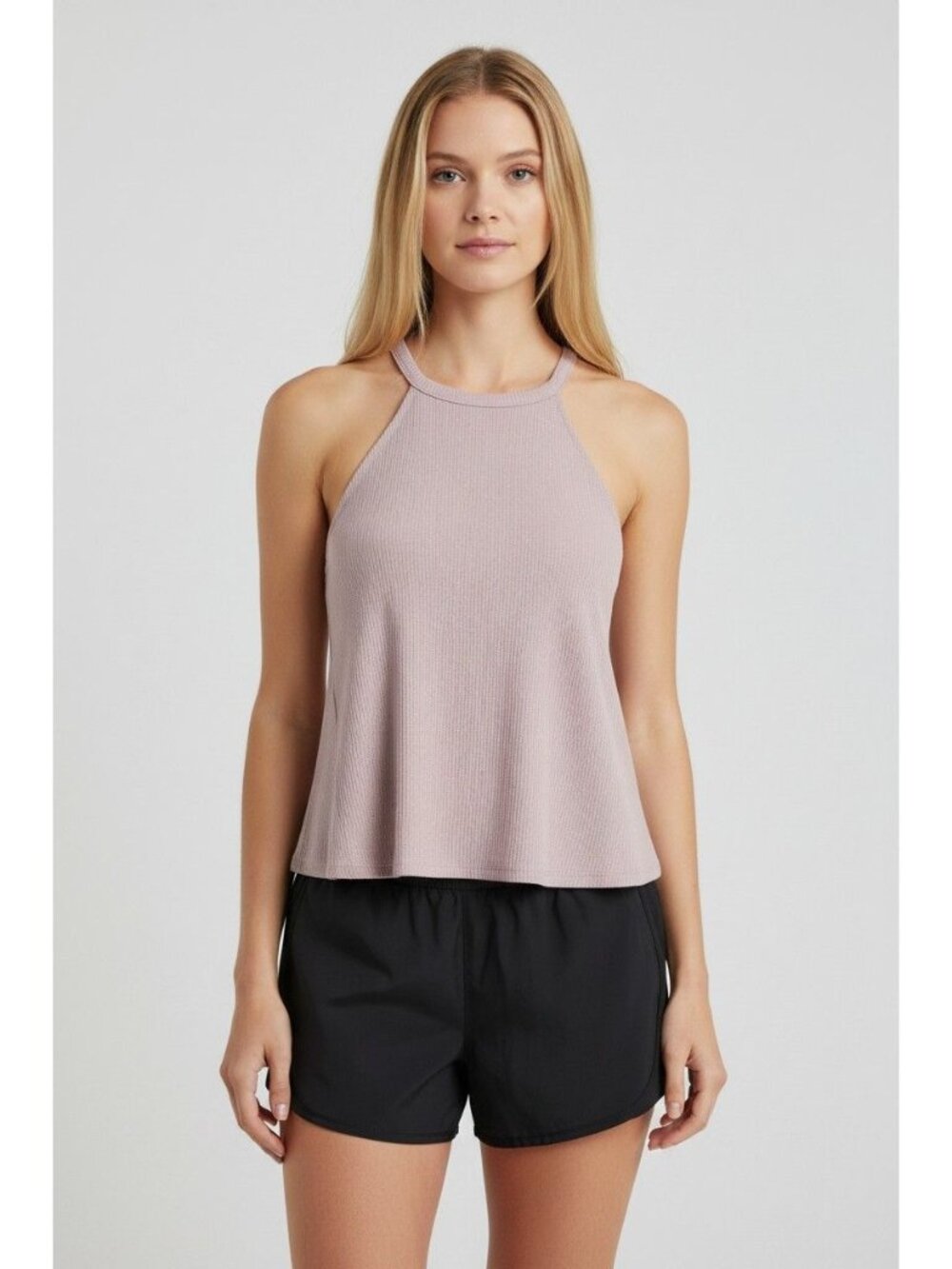 Freshman women's Halter Neckline Ribed Swing Tank Top, Lilac Snow, Sz. S